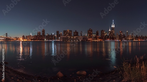 Beautiful view of a city in the United States at night or sunset seen from a majestic lake landscape. night city concept in high definition and high quality, buildings, shadows, houses, skyscrapers