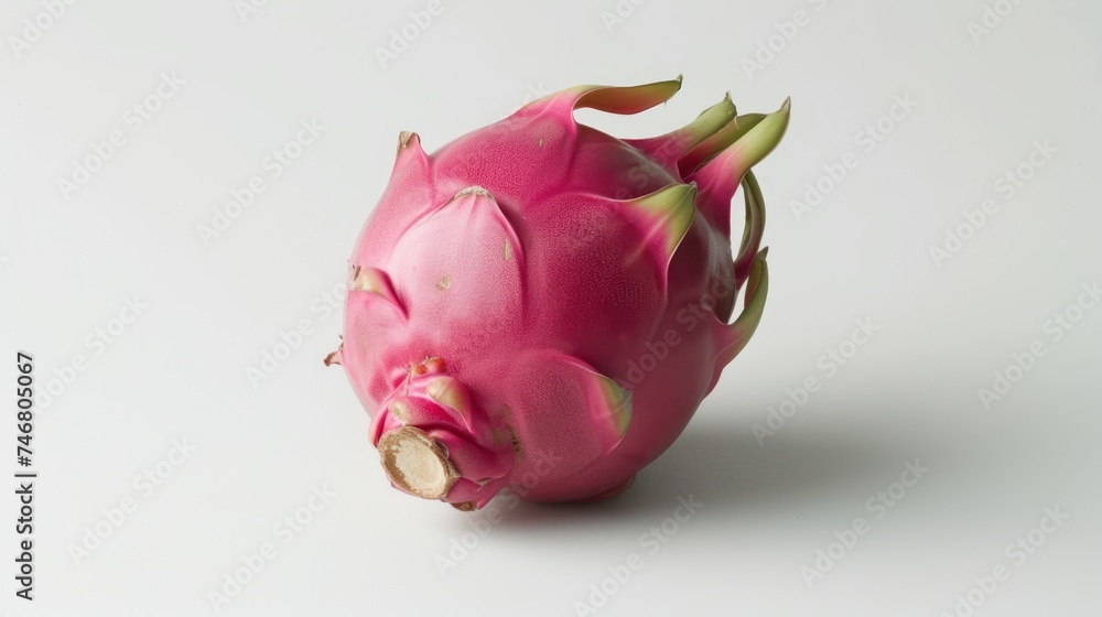 Obraz premium a close up of a dragon fruit on a white background with a bite taken out of one of the pieces.