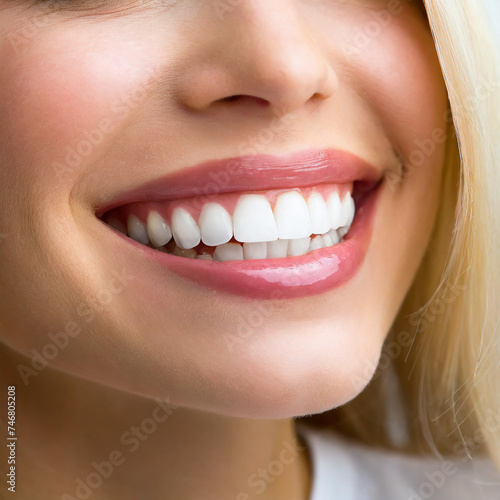 Close Up of Smiling Woman Mouth with Healthy  Beautiful  White Teeth. Dental Clinic Concept.