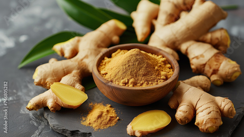 Ginger roots and ginger powder on a dark background