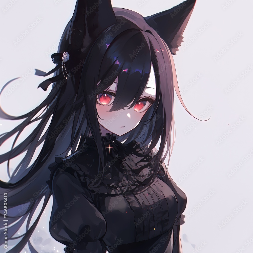 Naklejka premium Striking Anime Character With Luminescent Eyes and Black Wolf Ears