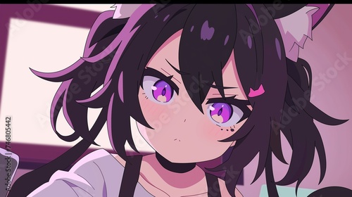 Close-Up of an Anime Girl With Purple Eyes and Dark Hair in Soft Indoor Lighting
