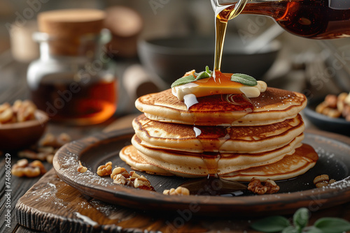 Maple syrup pouring onto delicious pancakes