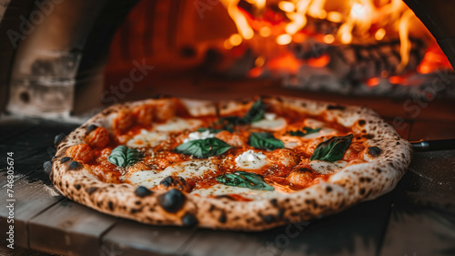 Margherita pizza in front of a lit oven