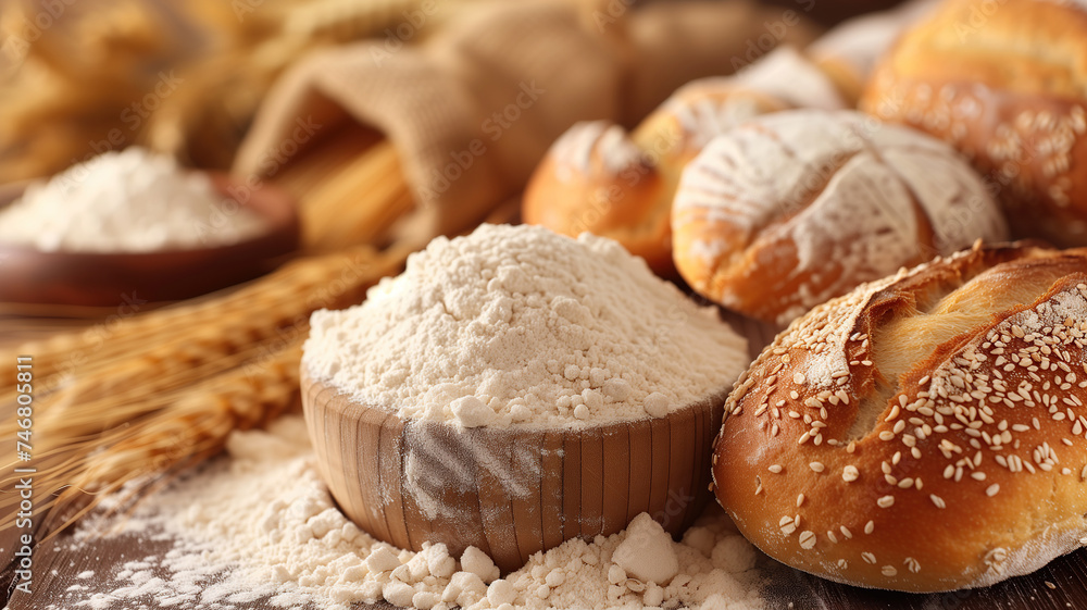Photographic composition with a bowl of white flour and bread