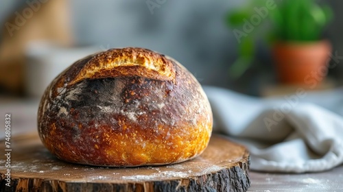 a loaf of bread sitting on top of a piece of wood next to a potted plant on a table. photo