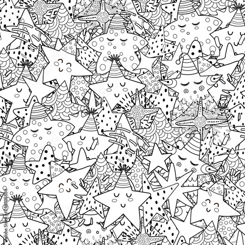 Doodle stars black and white seamless pattern. Fantasy coloring page with cute good night characters for adults and kids. Outline cosmic background. Vector illustration