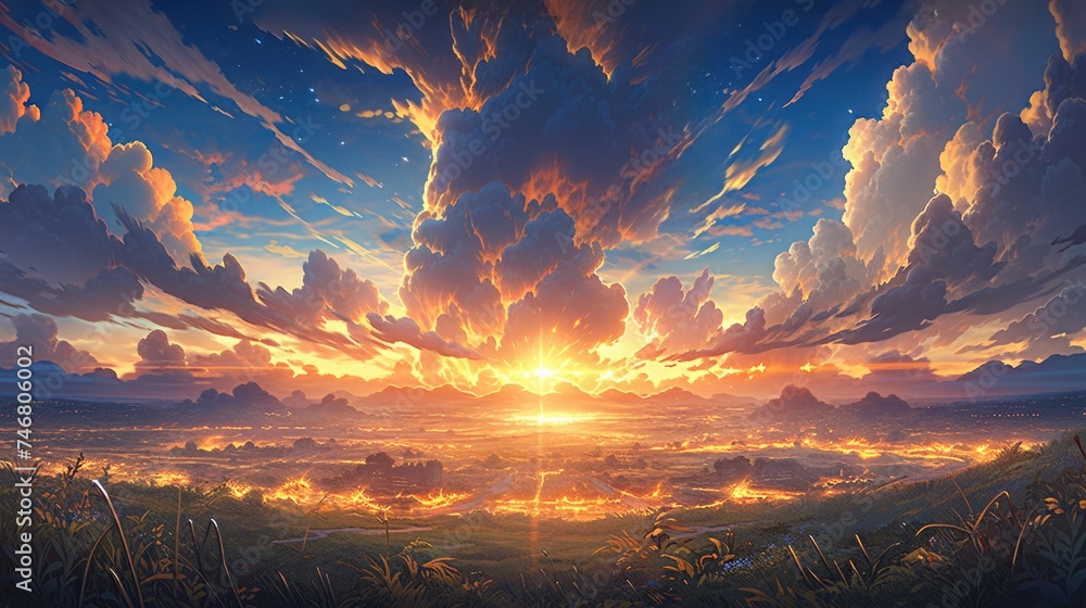 Naklejka premium anime concept sky sunset landscape background eclipse, ai