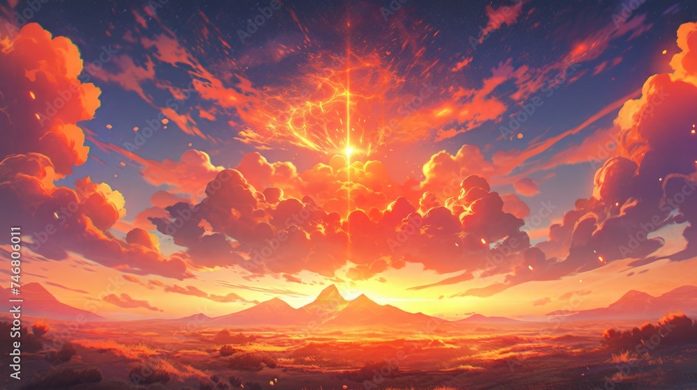 anime concept sky sunset landscape background eclipse, ai