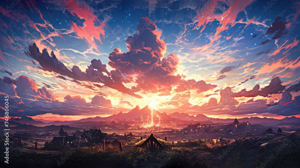 anime concept sky sunset landscape background eclipse, ai