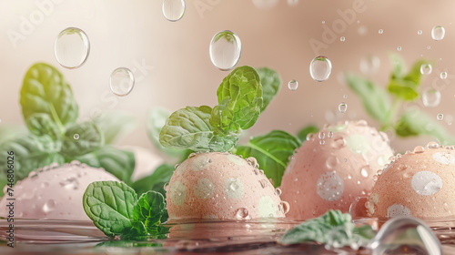  Easter eggs, green leaves and water drops against pink background. empty space. easter banner