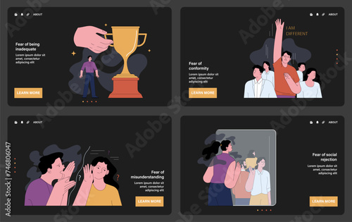 Human fears dark or night mode web, landing set. Scared characters