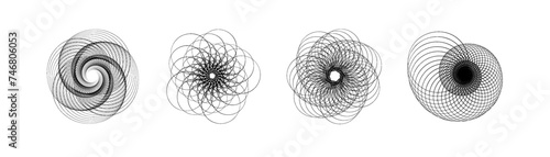 Spirograph patterns collection PNG. Abstract geometric abstract forms isolated. Round and spiral twisted lines. Circular ornament of spirograph for watermarks