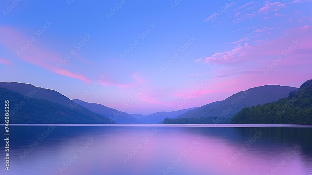 a body of water surrounded by mountains under a blue sky with a pink and purple sky at the end of it. a body of water surrounded by mountains under a blue sky with a pink and purple sky at the end of it.
