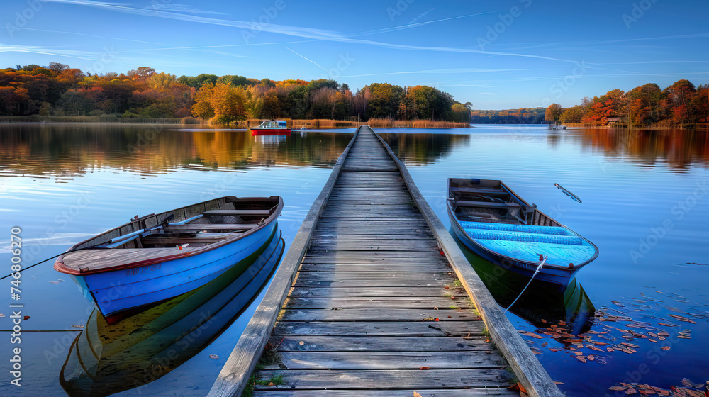 Peaceful Lakeside Pier with Fishing Boats and Reflections. Concept of tranquility, fishing, and nature