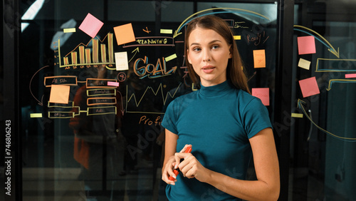 Skilled manager standing at glass wall while looking at camera. Professional caucasian businesswoman or female leader present marketing strategy while using sticky notes and mind mapping. Tracery