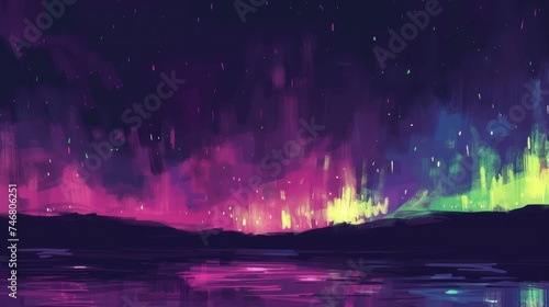 a painting of a purple and green aurora bore in the night sky over a body of water with mountains in the background.