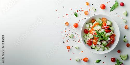 Top view of a Bowl of salad with a variety of ingredients on a white background
