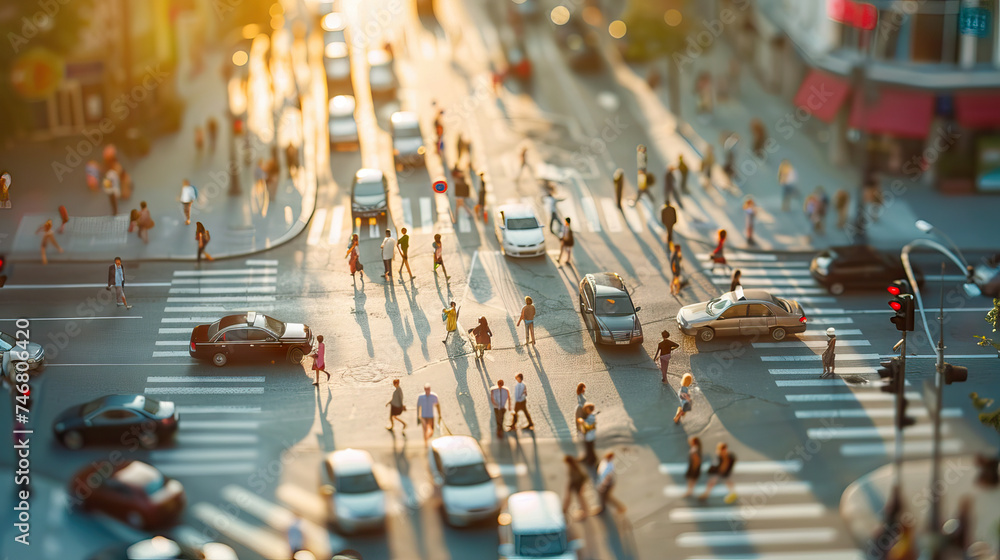 Obraz premium Busy Urban Intersection with Pedestrians and Traffic Lights. Concept of city life, movement, and transportation