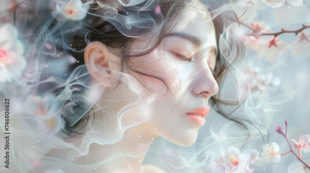A profile of a woman face gracefully veiled by swirling mists among delicate cherry blossoms, depicting a serene springtime fantasy A profile of a woman face gracefully veiled by swirling mists among delicate cherry blossoms, depicting a serene springtime fantasy