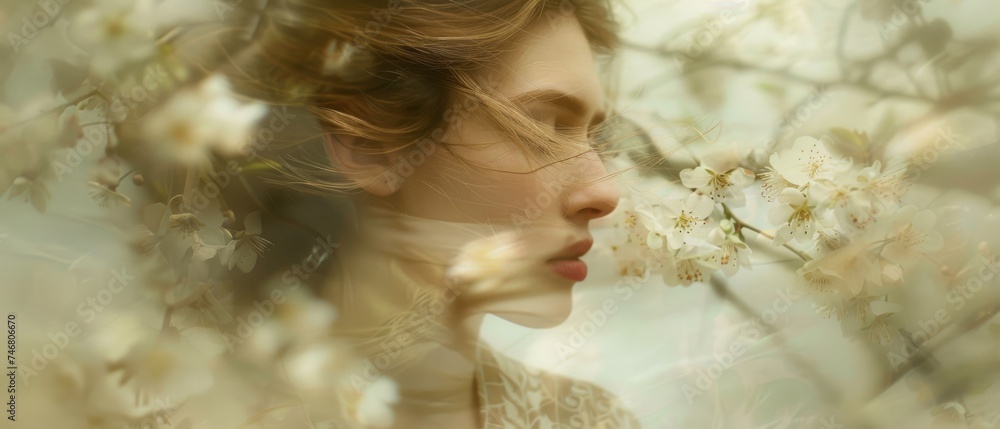 A side profile of a woman enveloped in the warm, golden glow of cherry blossoms, embodying the softness of spring A side profile of a woman enveloped in the warm, golden glow of cherry blossoms, embodying the softness of spring
