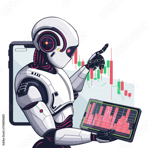 robot trader holding a tablet with trading chart on the screen. Vector illustration.