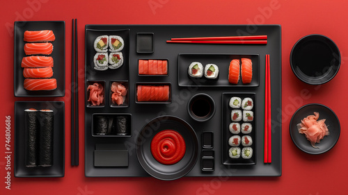 Top view of sushi and sauces on a black and red background