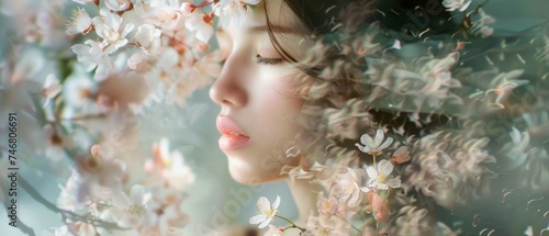 A profile of a woman face gently touched by the soft blush of cherry blossoms, exuding a sense of serene enchantment