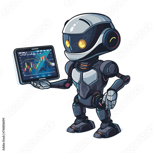 robot trader with tablet computer. Vector illustration isolated on white background.