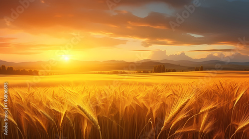 Wheat field in the sun close-up during harvest season © jiejie