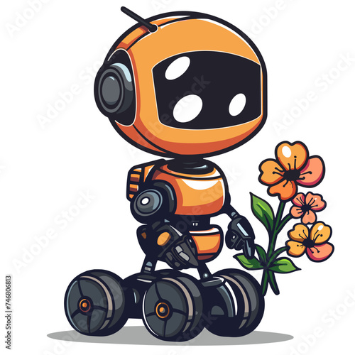 Happy robot with flowers. Vector illustration for greeting cards.