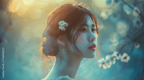 Twilight blossom gaze, side profile of a woman with a cherry blossom in hair, against a backdrop of twilight's glowing bokeh
