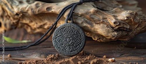 A necklace featuring a medallion adorned with a Thai Buddhist amulet made with sacred holy ash powder for enhanced spiritual energy and protection. photo