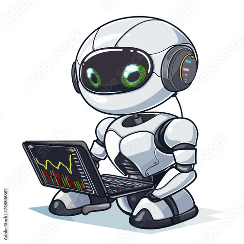 robot trader with a laptop. Vector illustration of a cartoon robot.