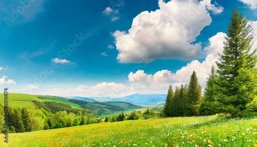 digital illustration of summer spring nature landscape valley with green meadows flowers trees blue sky with white clouds panoramic view long banner with copy space
