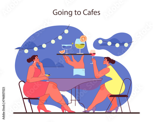 Going to Cafes concept. Friends savoring drinks and conversations at a cafe.