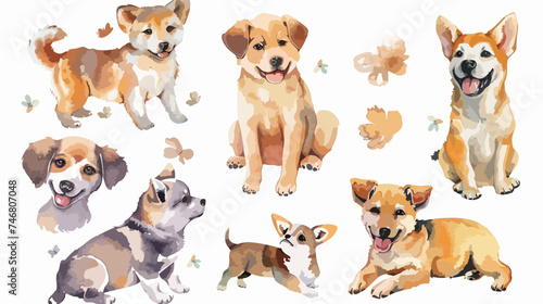 Dogs illustration set with cute animals watercolor p