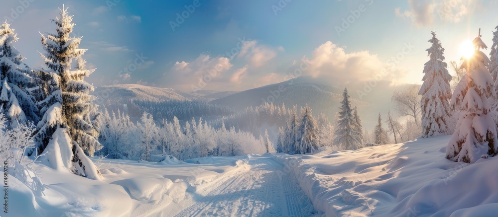 A winter scene featuring snow-covered trees and mountains in the Polish mountains. The landscape is blanketed in pristine white snow with rugged peaks in the background.