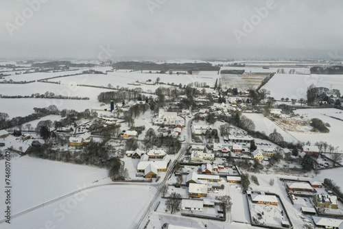 Aerial view of the small village of Gestelev in vintertime in Denmark 