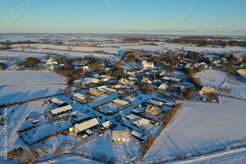 Aerial view of the small village of Gestelev in vintertime in Denmark 