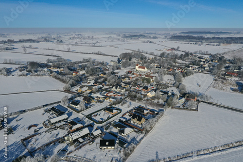Aerial view of the small village of Gestelev in vintertime in Denmark 