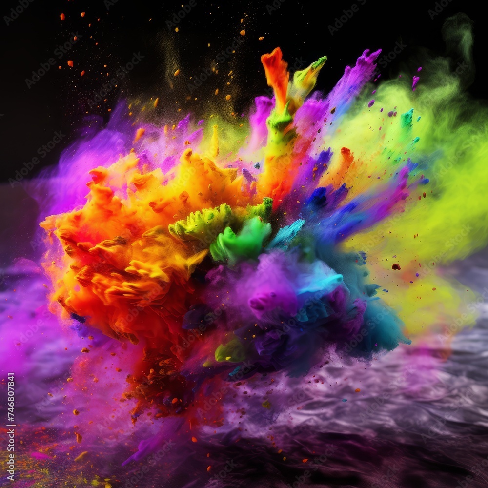 Colorful paint explosion isolated on black background. Abstract color background.