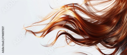 Light brown hair billows in the wind against a crisp white background. The womans hair is in motion, captured in a close-up shot showcasing its movement and texture. photo