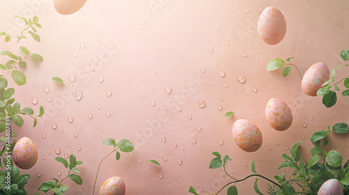  Easter eggs, green leaves and water drops against pink background. empty space. easter banner