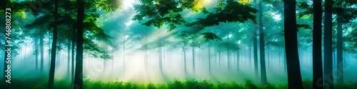 Abstract colorful illustration green forest in fog, background for social media banner, website and for your design, space for text © La_Valentina
