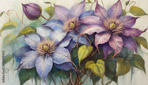 Oil painting of beautiful Clematis flowers isolated on white background. Floral composition.