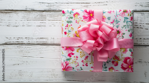 top view of Floral pattern gift box tied with pink ribbon on wooden background