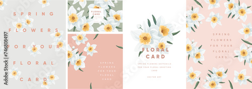 Floral elegant greeting card. Vector delicate pastel illustration of spring daffodil flowers in minimalist style for invitation, frame, poster or background