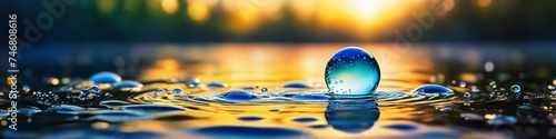 Abstract colorful illustration bubble on water on sunset blurred background, space for text. 