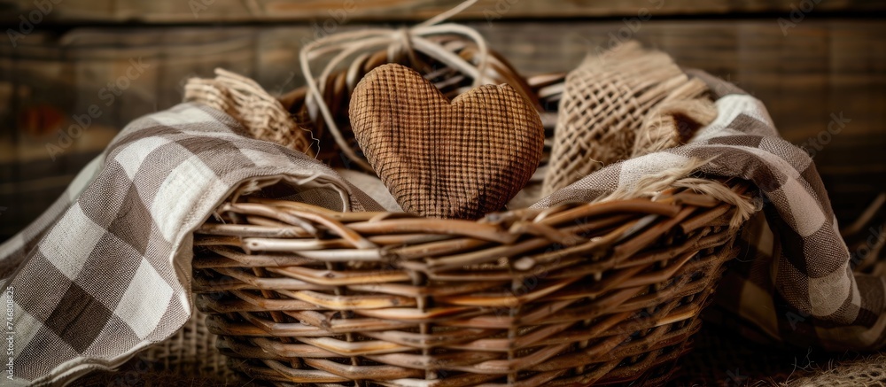 A wicker basket is filled with various fabrics, with a wooden heart resting on top of burlap fabric. The fabrics are neatly arranged inside the basket, creating a cozy and handmade feel.